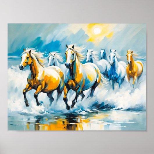 Kastanjepaarden die door ondiep Zee rennen Poster (Voorkant)