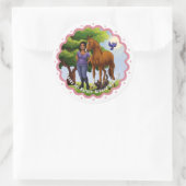 Kastanjepaarden en -meisjes ronde sticker (Tas)