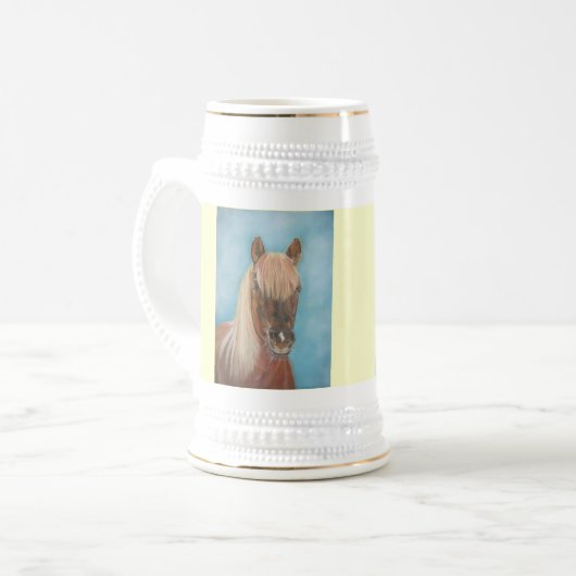 kastanjeparen met blonde mane equine art bierpul (Voorkant links)