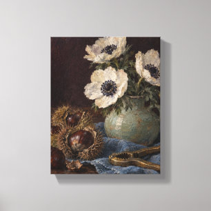 Kastanjes en Anemonen op Blauwe Linnen - Herfst St Canvas Afdruk
