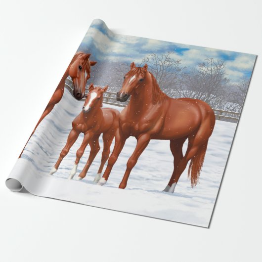 Kastanjesorrel kwart paard in sneeuw cadeaupapier (Uitgerold)