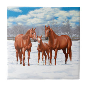 Kastanjesorrel kwart paard in sneeuw tegeltje