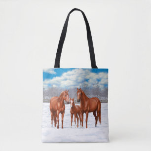 Kastanjesorrel kwart paard in sneeuw tote bag