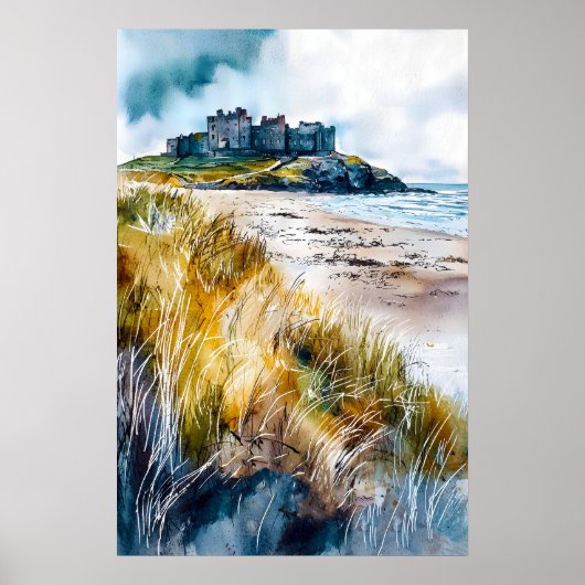 Kasteel Bamburgh Watercolor 1 Poster (Voorkant)
