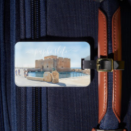 Kasteel en standbeeld van Paphos in waterverf stij Bagagelabel