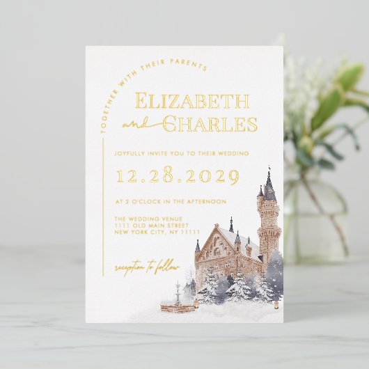 Kasteel Engels Manor Oude Kerk Kathedraal Bruiloft Folie Uitnodiging (Staand Voorkant)