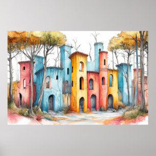 Kasteel Fortress Illustratie Pastel Kleur Tekening Poster
