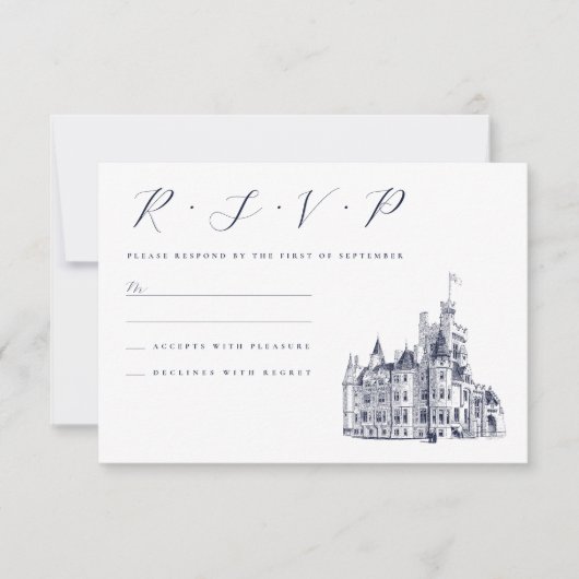  Kasteel Locatie Illustratie Huwelijk RSVP Kaartje (Voorkant)