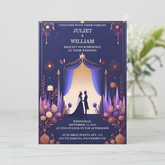 Kasteel Luxe Fuchsia Kroon Koninklijk Blauw Bruilo Kaart (Staand voorkant)