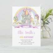 Kasteel onder regenboog eenhoorn verjaardag uitnod kaart (Staand voorkant)