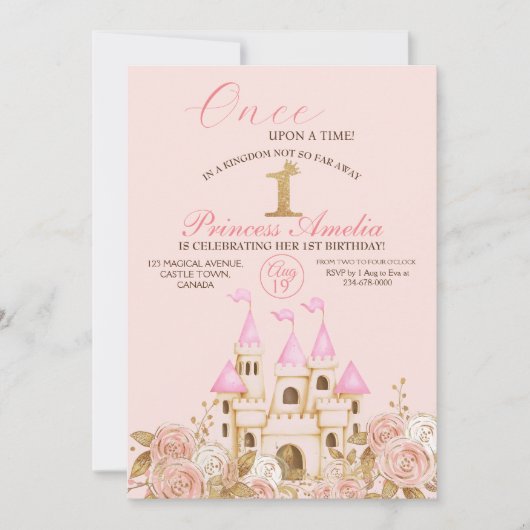 Kasteel Prinses Roze en Goud 1e Verjaardagsfeest Kaart (Voorkant)