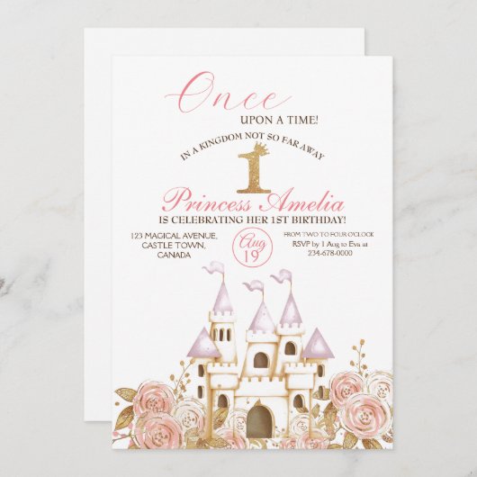 Kasteel Prinses Roze en Goud 1e Verjaardagsfeest Kaart (Voorkant / Achterkant)