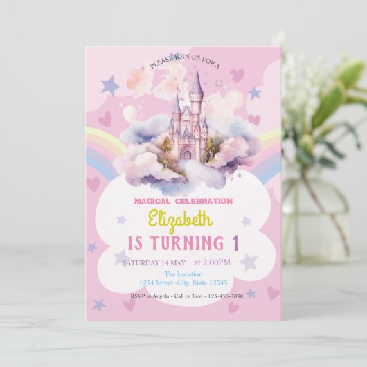 Kasteel regenboog harten sterren verjaardag kaart (Staand voorkant)