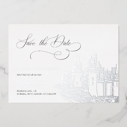 Kasteel Thema Save the Date Zilver Folie Uitnodiging (Voorkant)