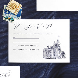 Kasteel Trouwlocatie Illustratie Vintage RSVP Kaartje