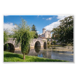 Kasteel van Bourdeilles en stenen brug, Frankrijk Foto Afdruk