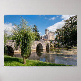 Kasteel van Bourdeilles en stenen brug, Frankrijk Poster