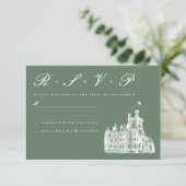  Kasteelillustratie Sage Green Wedding RSVP Kaartje (Staand voorkant)