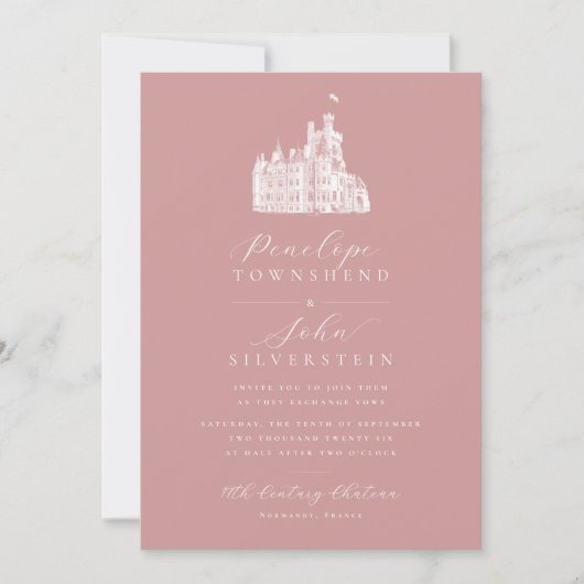 Kasteelillustratiescript Dusty Roos Roze bruiloft Kaart (Voorkant)