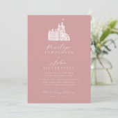 Kasteelillustratiescript Dusty Roos Roze bruiloft Kaart (Staand voorkant)