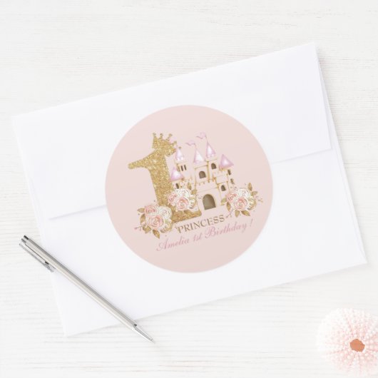 Kasteelprinses 1e verjaardag ronde sticker (Envelop)