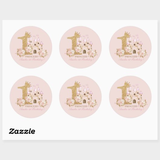 Kasteelprinses 1e verjaardag ronde sticker (Vel)