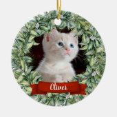 Kat 2 zijdig 2 foto krans naam jaar keramisch ornament (Voorkant)