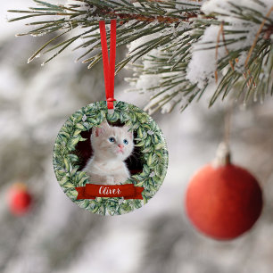 Kat 2 zijdig 2 foto krans naam jaar keramisch ornament