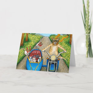 Kat 384 met Muis op Motorfiets Wenskaart Kaart
