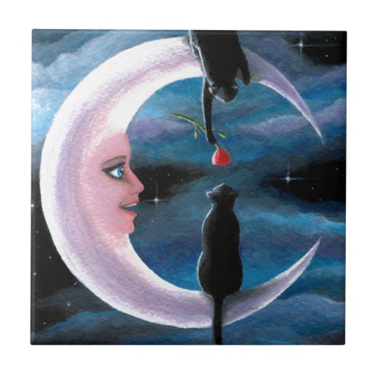 Kat 581 zwarte katten op maan tegeltje (Voorkant)