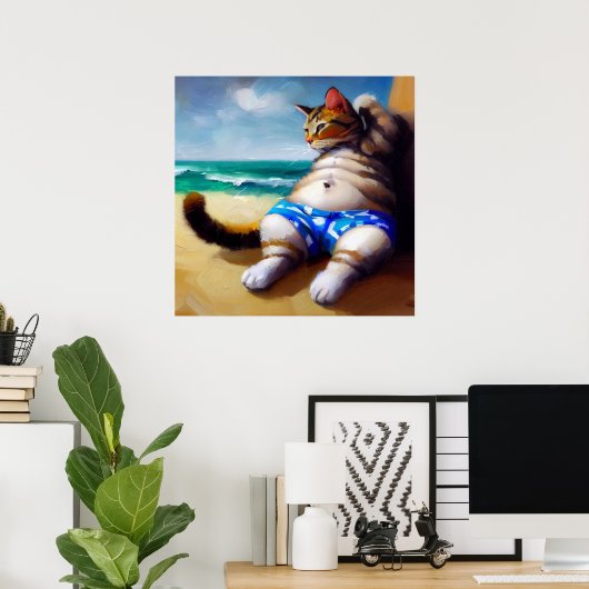 Kat aan het strand poster (Thuiskantoor)