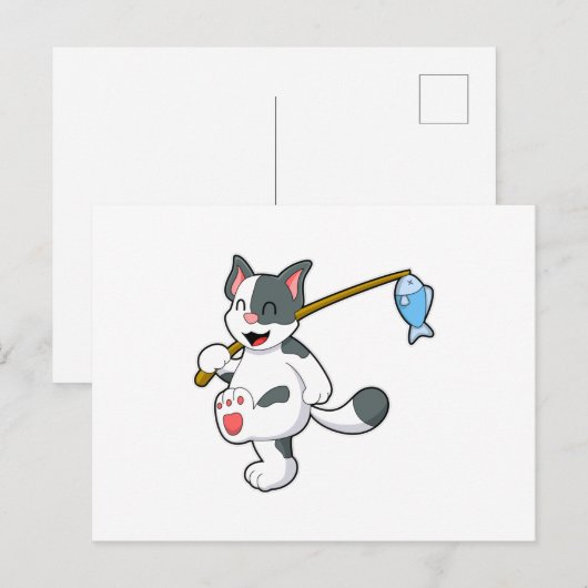 Kat aan het vissen met hengel briefkaart (Voorkant / Achterkant)