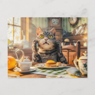 Kat aan ontbijttafel met croissants en sap feestdagenkaart
