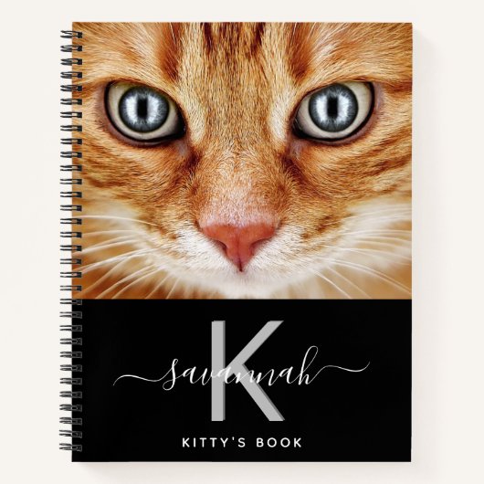 Kat aangepaste foto zwart wit monogram notitieboek (Voorkant)
