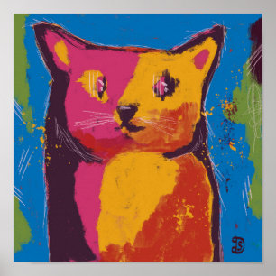 Kat, abstract digitaal schilderij, heldere kleuren poster