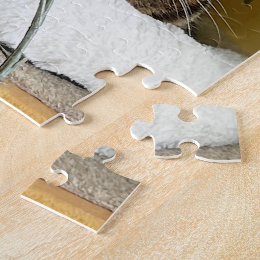 kat achter bladeren op plank, puzzels (Zijkant)