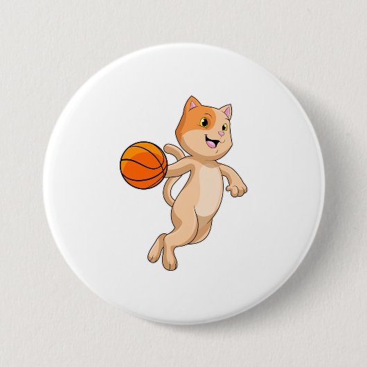 Kat als Basketball-speler met Basketball Ronde Button 7,6 Cm (Voorkant)