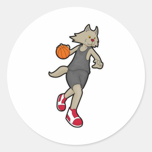 Kat als Basketball-speler met Basketball Ronde Sticker (Voorkant)