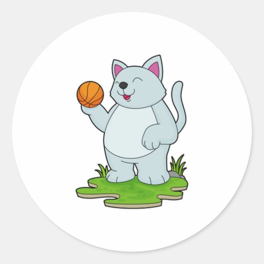 Kat als Basketball-speler met Basketball Ronde Sticker (Voorkant)