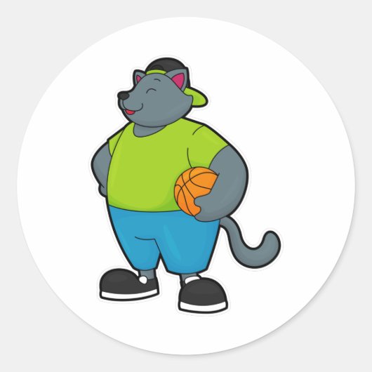 Kat als Basketball-speler met Basketball Ronde Sticker (Voorkant)