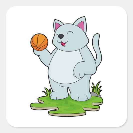 Kat als Basketball-speler met Basketball Vierkante Sticker (Voorkant)
