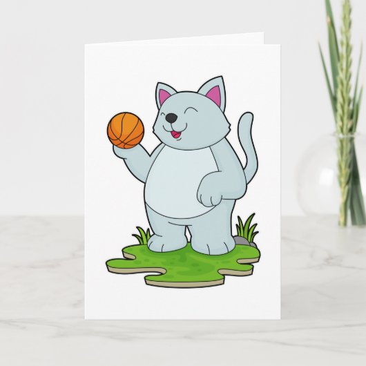 Kat als basketballer met basketbal kaart (Voorkant)
