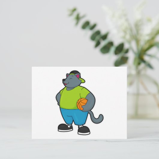 Kat als basketballspeler met basketbal briefkaart (Staand voorkant)