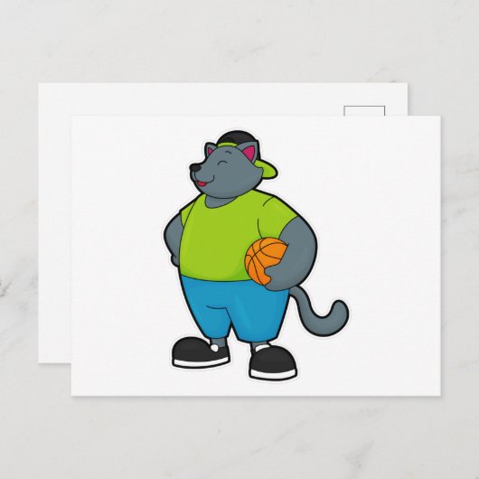 Kat als basketballspeler met basketbal briefkaart (Voorkant / Achterkant)