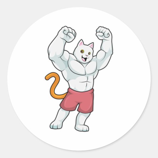 Kat als Bodybuilder met grote spieren Ronde Sticker (Voorkant)
