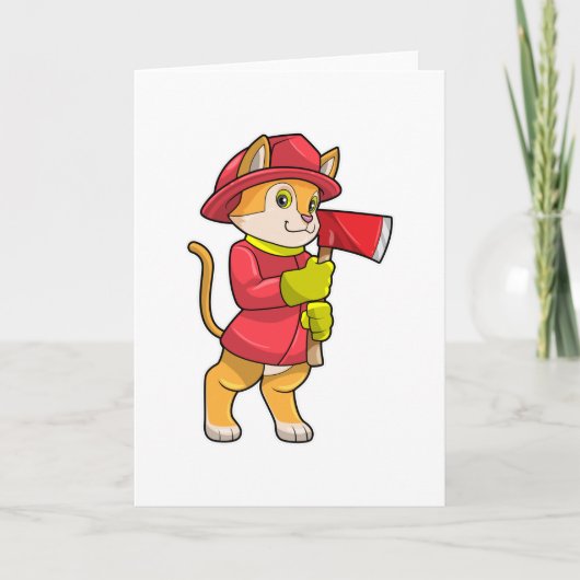 Kat als brandweerman met bijl kaart (Voorkant)