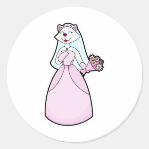 Kat als bruid met bos bloemen ronde sticker
