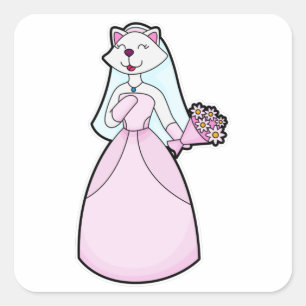 Kat als bruid met bos bloemen vierkante sticker