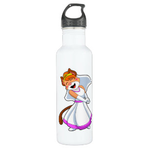 Kat als bruid met trouwjurk & kroon waterfles 