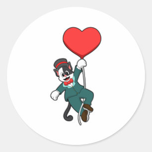 Kat als bruidegom met hartballon ronde sticker
